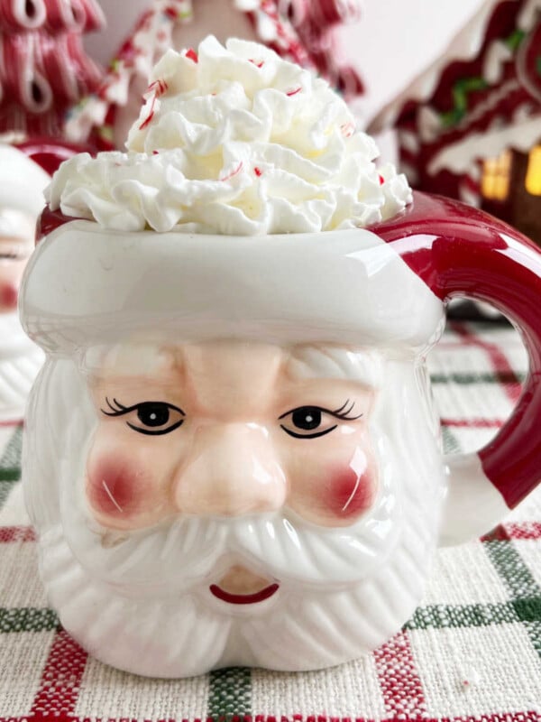 peppermint hot cocoa with whipped cream and crushed candy canes in a Santa mug.