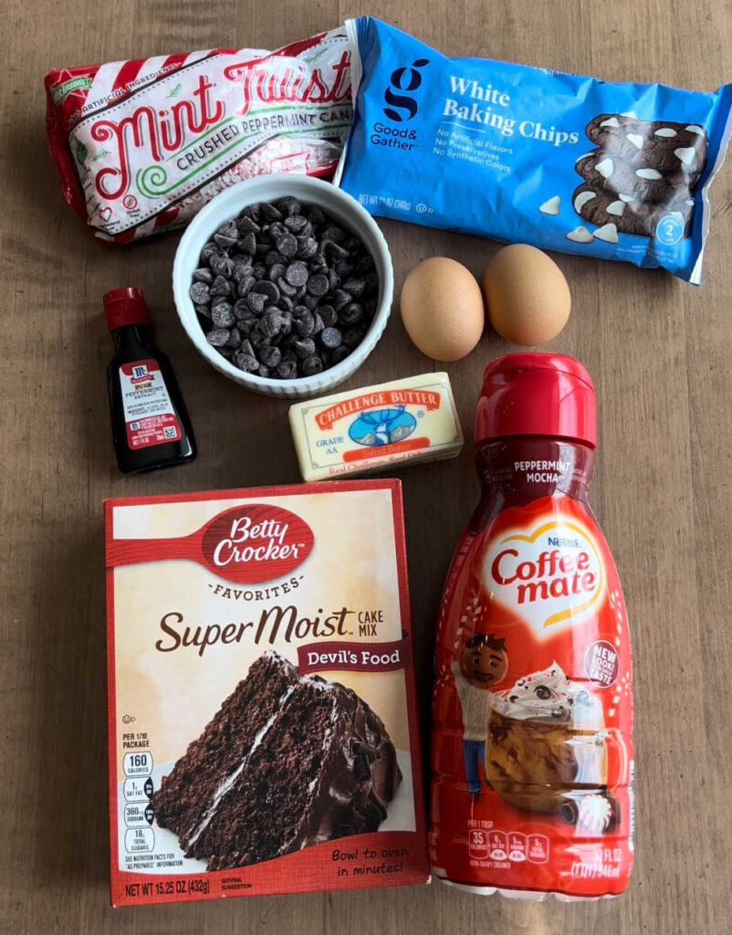 cake mix, coffee mate creamer, chocolate chips, eggs, butter, extract and candies.