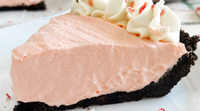 peppermint pie with Oreo cookie crust on a plate.