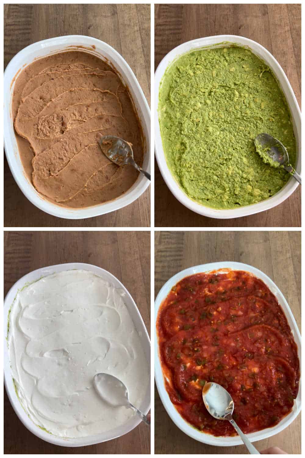 how to assemble 7 layer dip in a baking dish.