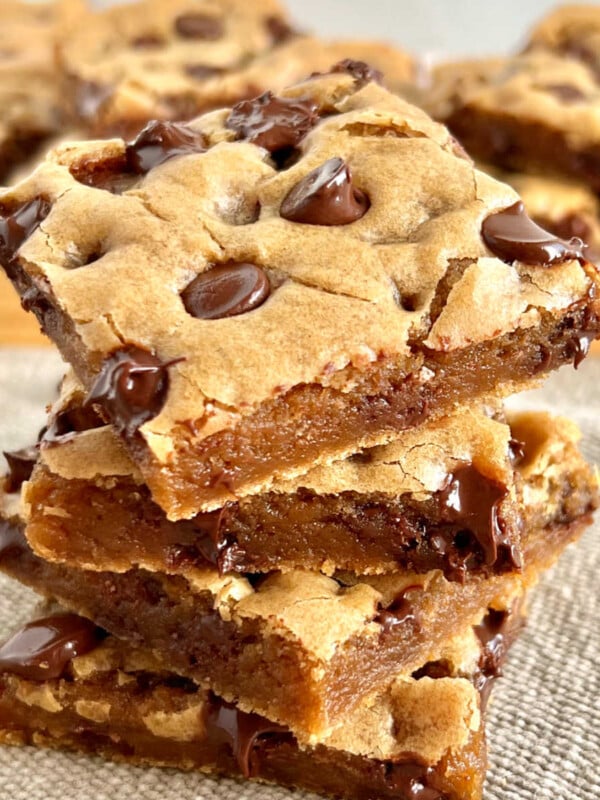 stack of chewy chocolate chip cookie bars.