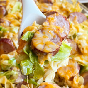cheesy kielbasa casserole with cabbage and egg noodles.