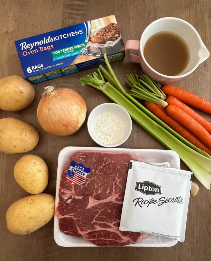 beef chuck roast, Lipton onion soup mix, Reynolds oven bags, beef broth, potatoes, onion, flour, celery, carrots.