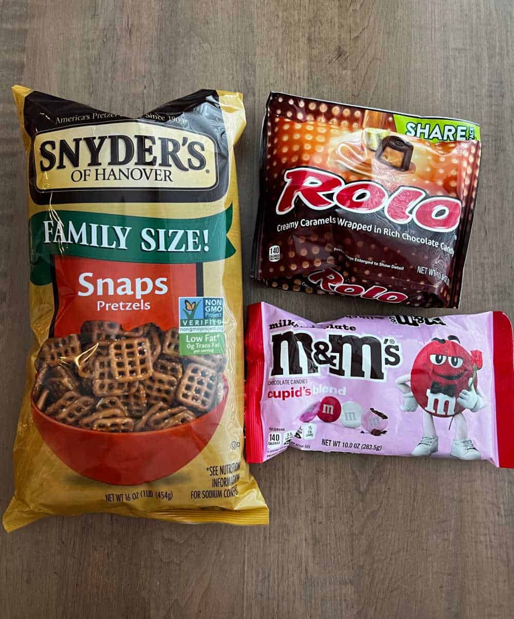 pretzel snaps, Rolos and Valentine M&M candies.