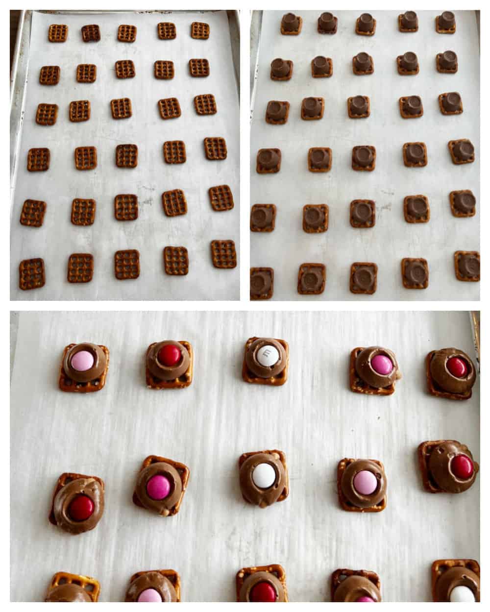 how to make pretzels topped with Rolos and chocolate candies collage.