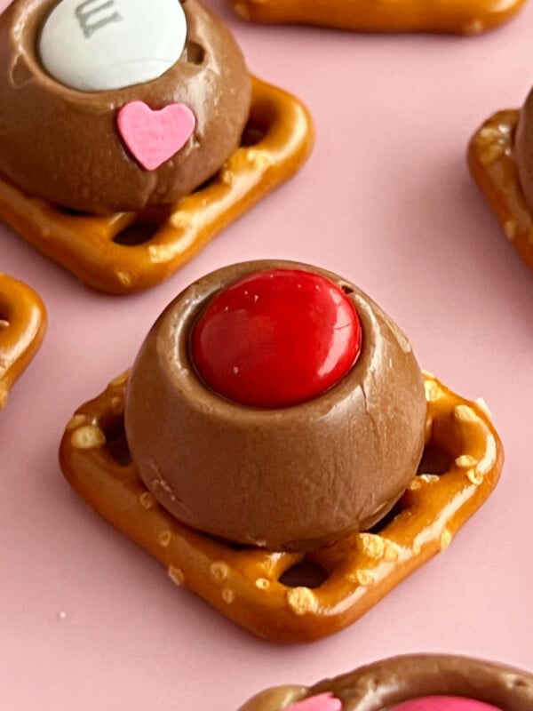 Rolo pretzel treats with Valentine M&M candies.
