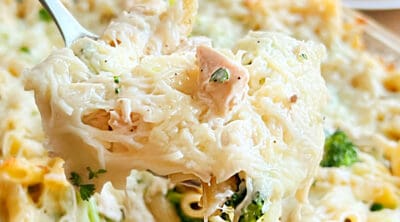 cheesy chicken and broccoli Alfredo casserole with pasta on serving spoon.