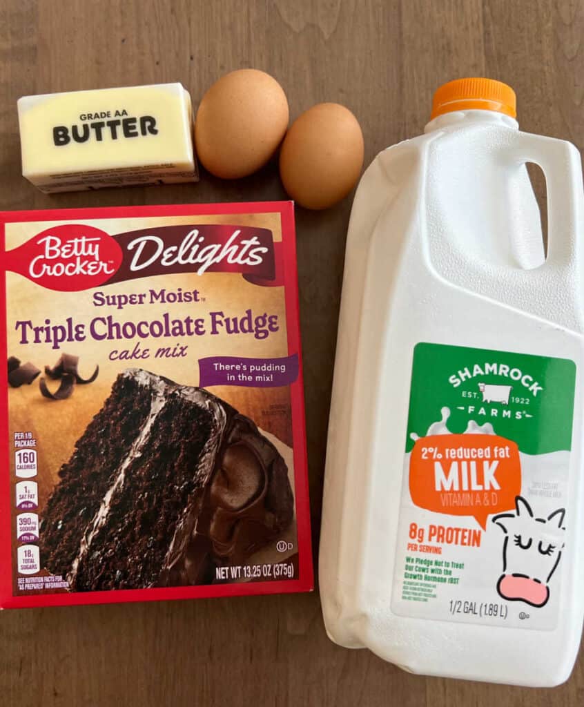 chocolate cake mix, butter, eggs and milk.