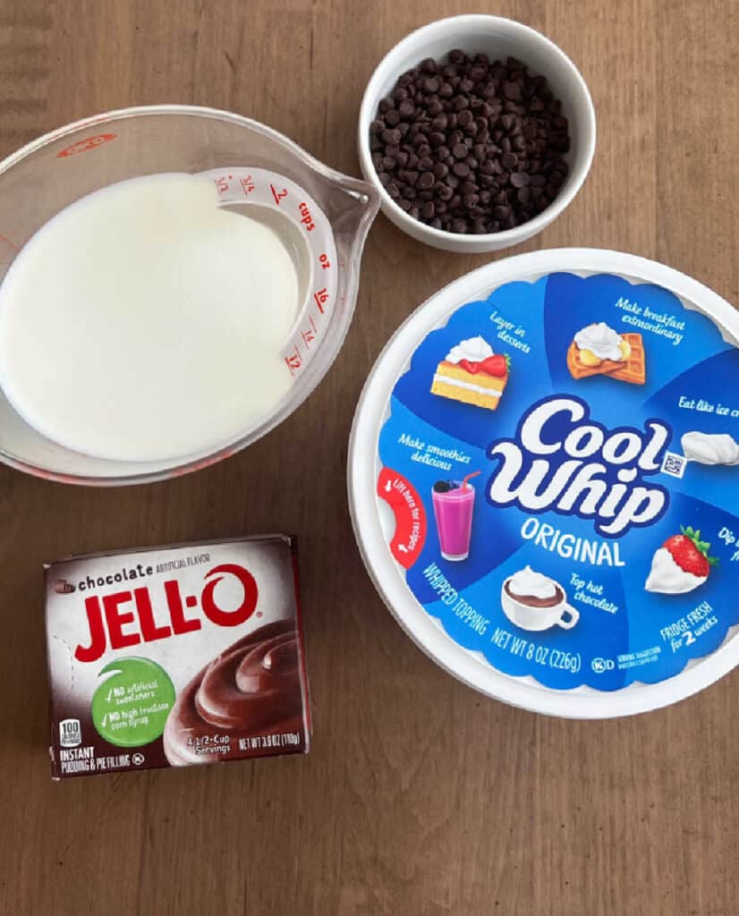 Jello instant pudding mix, milk, cool whip and mini chocolate chips.
