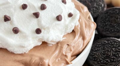 chocolate pudding pie dip in a bowl with dippers.