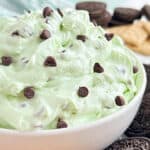 bowl of mint chocolate chip cheesecake dip.