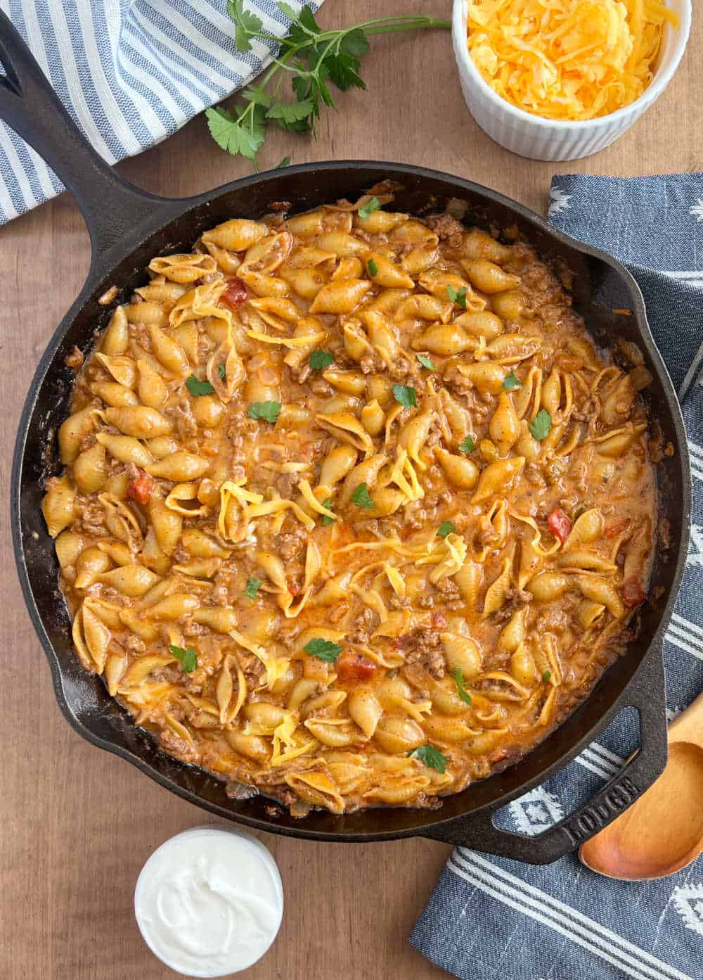 taco pasta in skillet on the table.