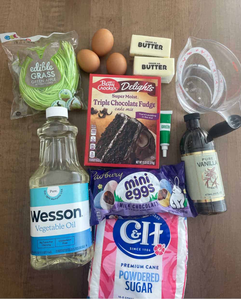 cake mix, eggs, oil and ingredients to make frosting