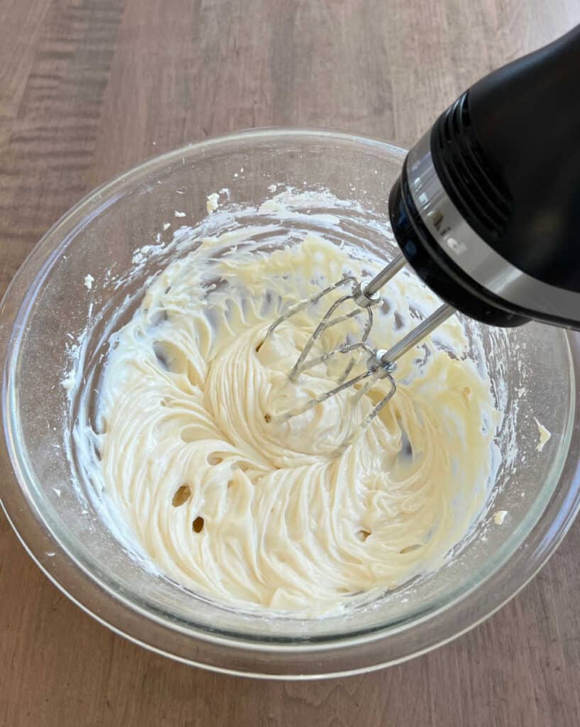cream cheese mixture in mixing bowl with electric mixer.