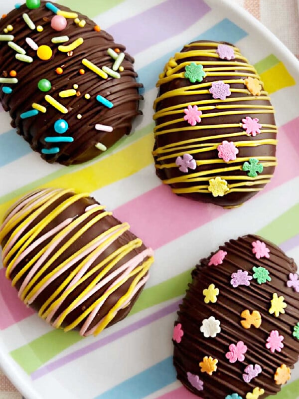 homemade chocolate peanut butter eggs decorated for Easter.
