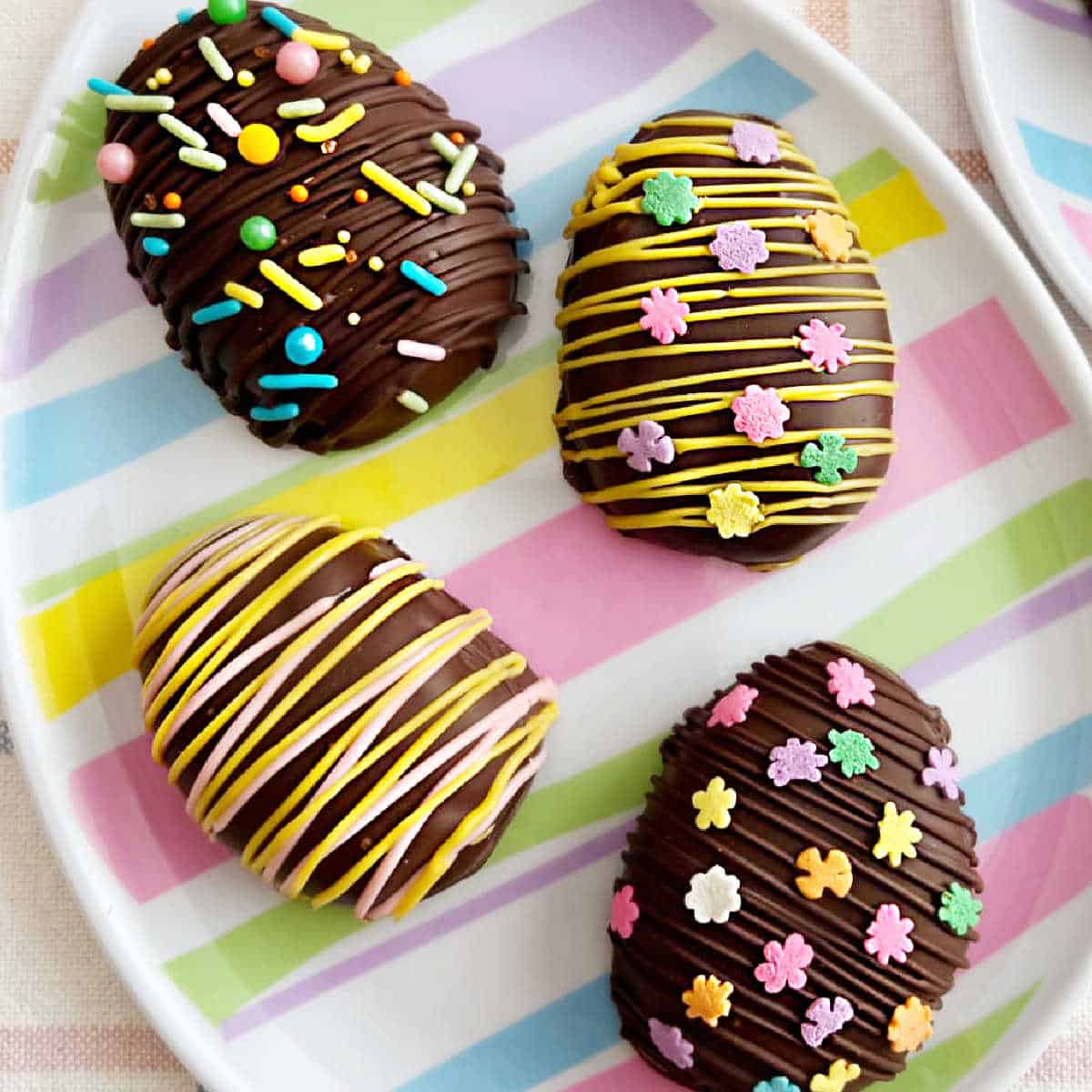 homemade chocolate peanut butter eggs decorated for Easter.