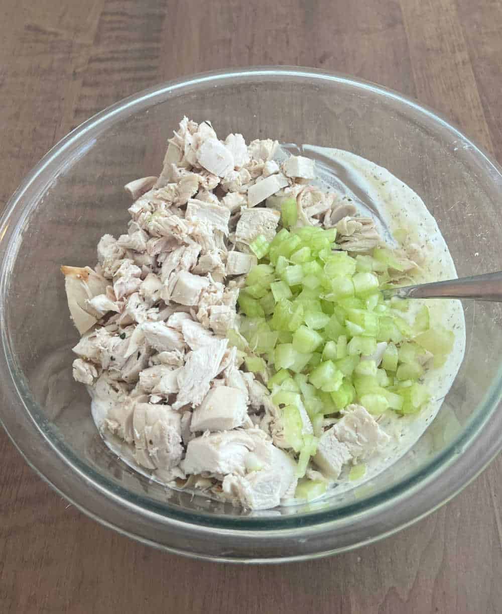 mix chicken and celery into dressing.