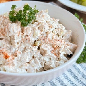 bowl of chicken salad with paprika and parsley.