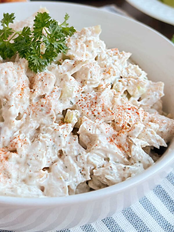 bowl of chicken salad with paprika and parsley.