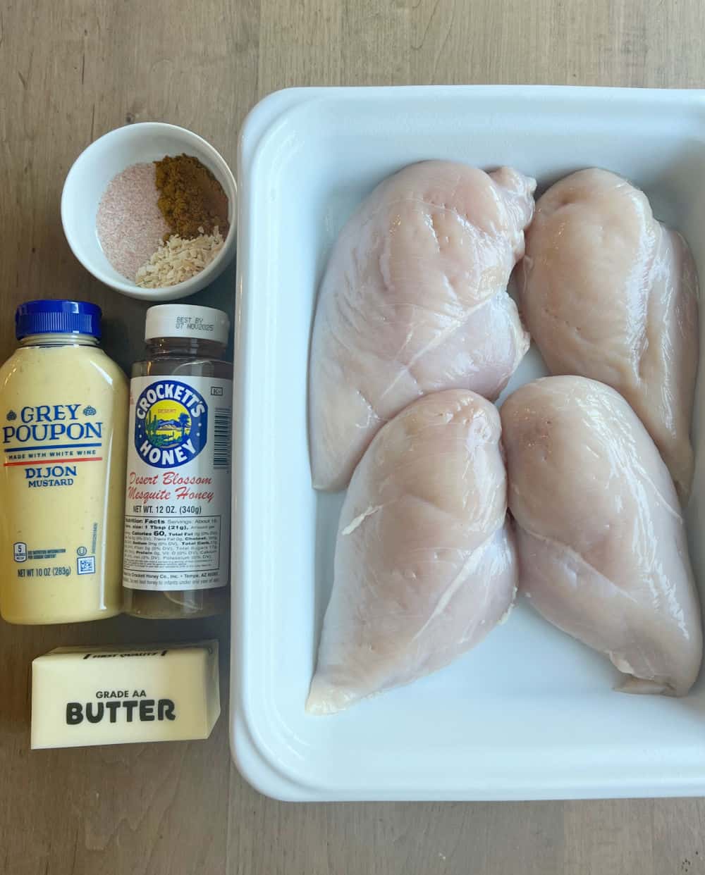 chicken breast, honey, dijon mustard, butter and spices.