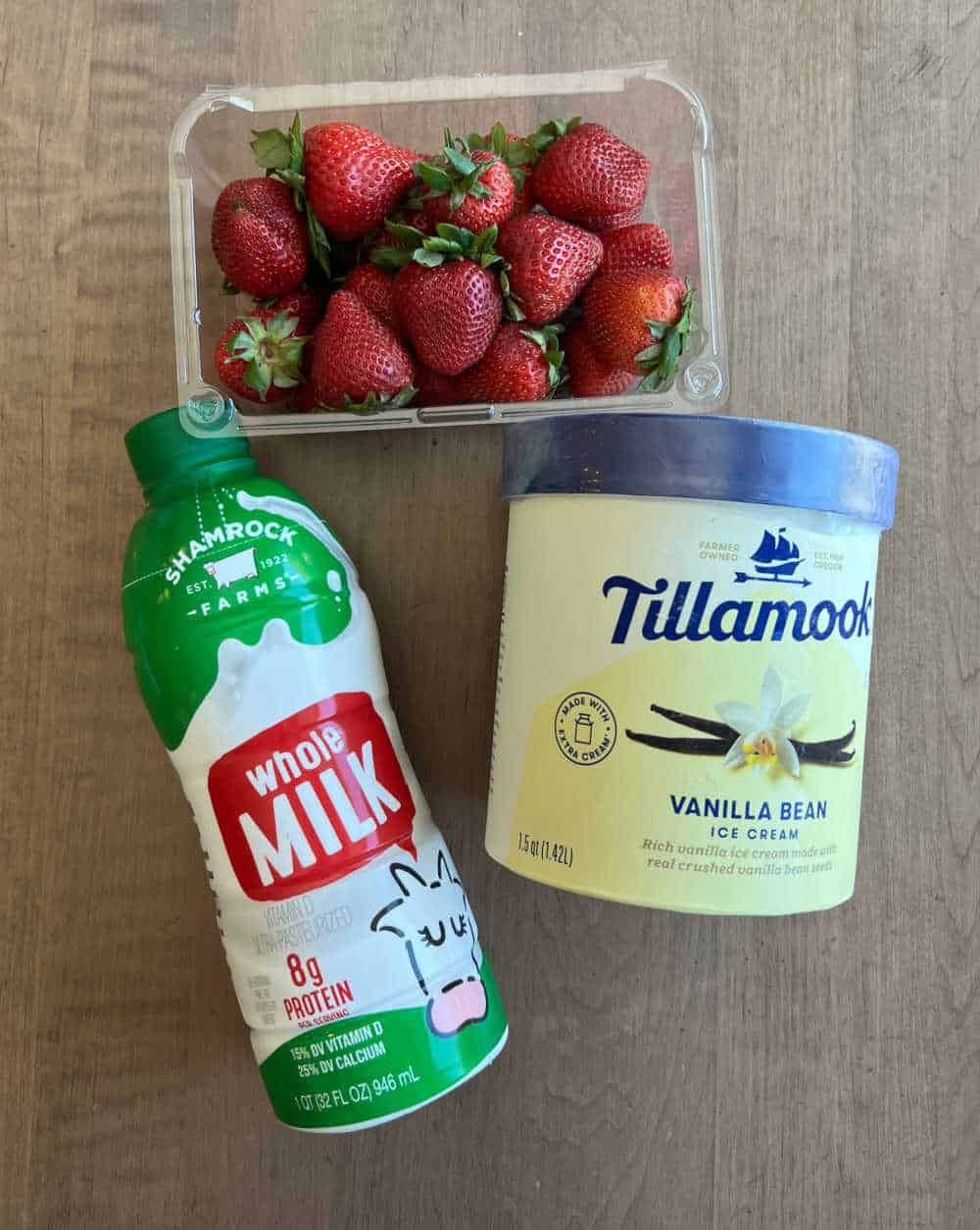 whole. milk, vanilla ice cream and ripe strawberries.