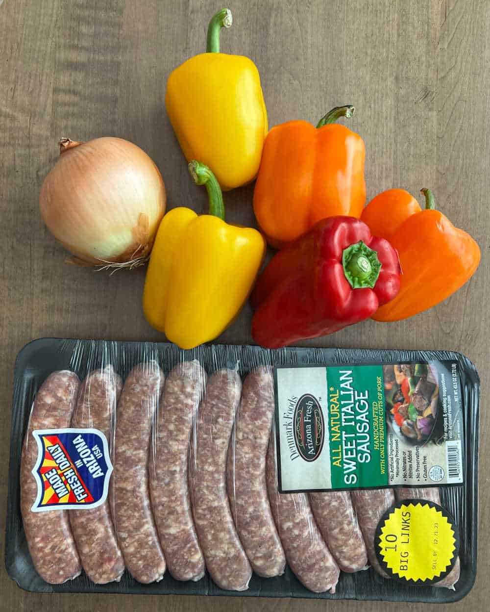 Italian sausage links, onion, bell peppers
