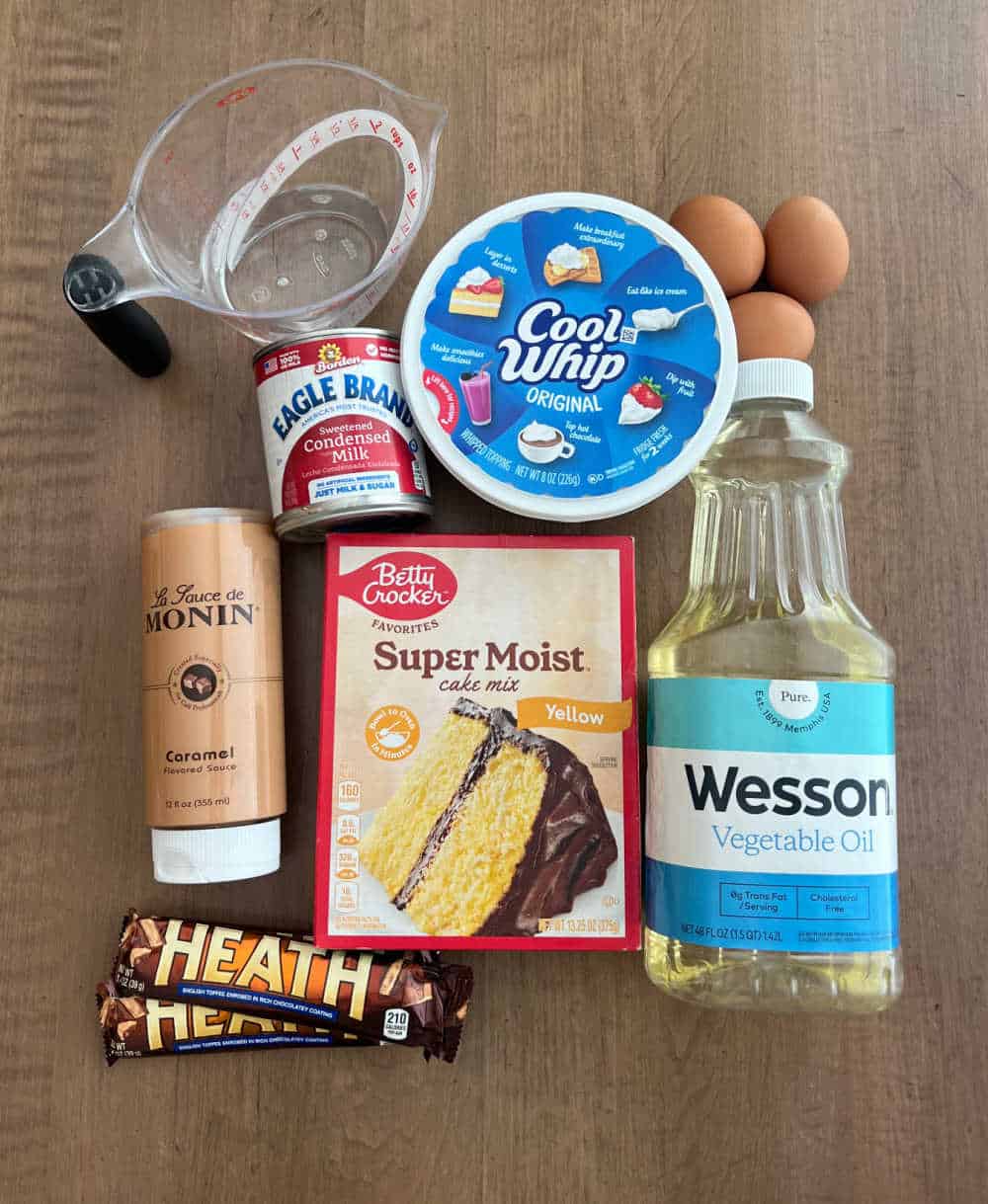 cake mix, Heath bars, eggs, oil, water, condensed milk, Cool Whip, caramel sauce.
