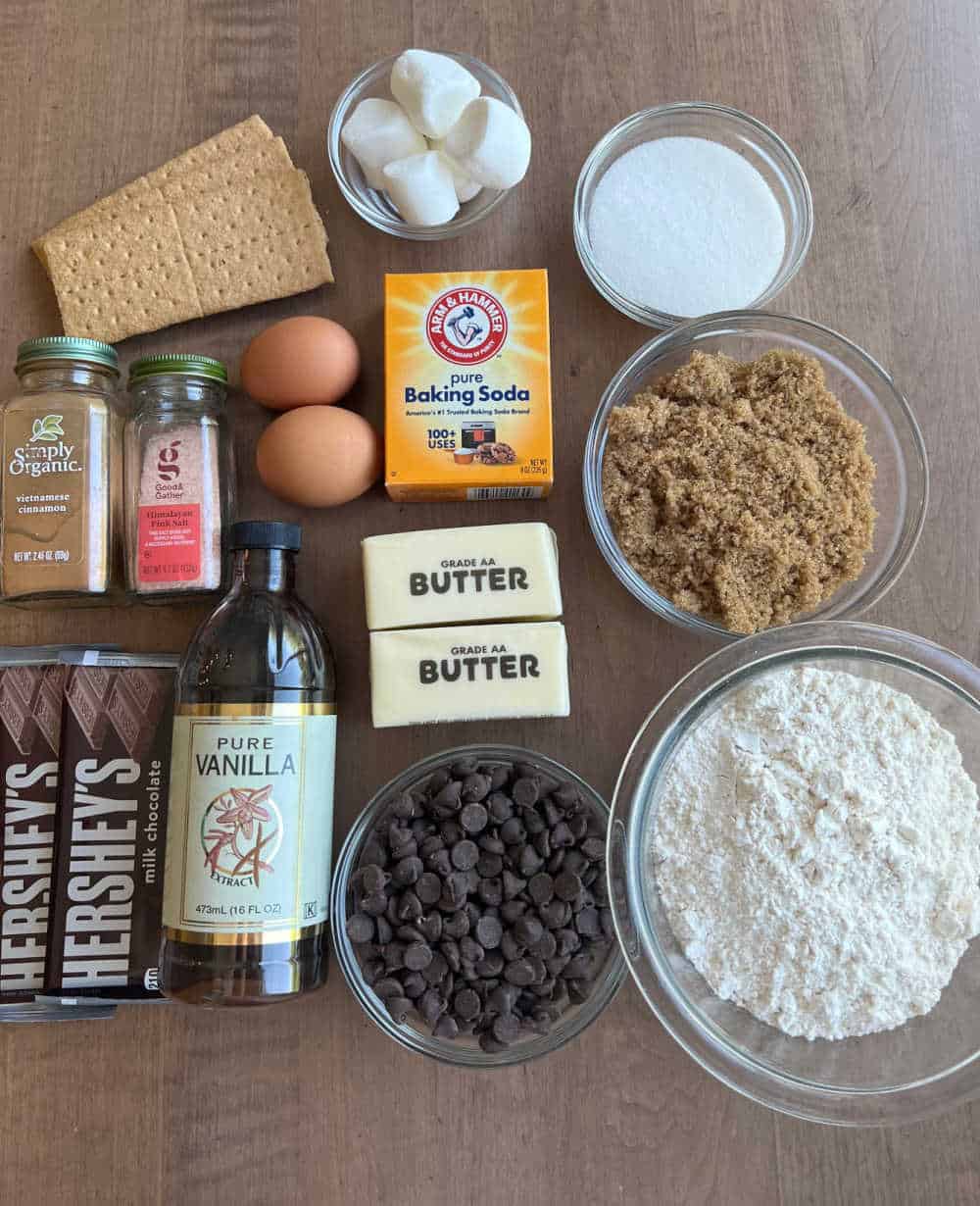 chocolate chip cookie dough ingredients plus graham crackers, Hershey bars and marshmallows.