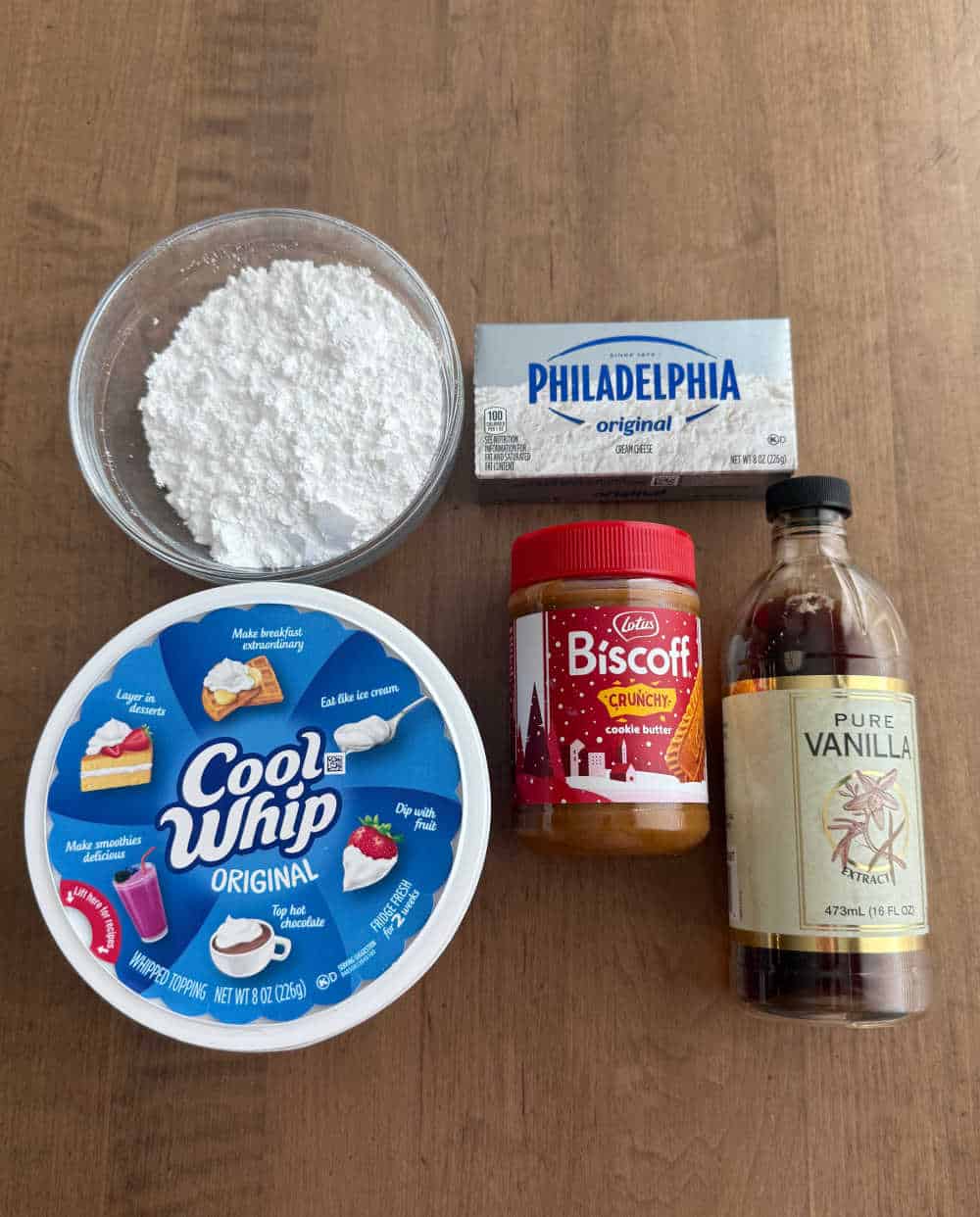 cool whip, powdered sugar, crunchy cookie butter, cream cheese, vanilla extract.