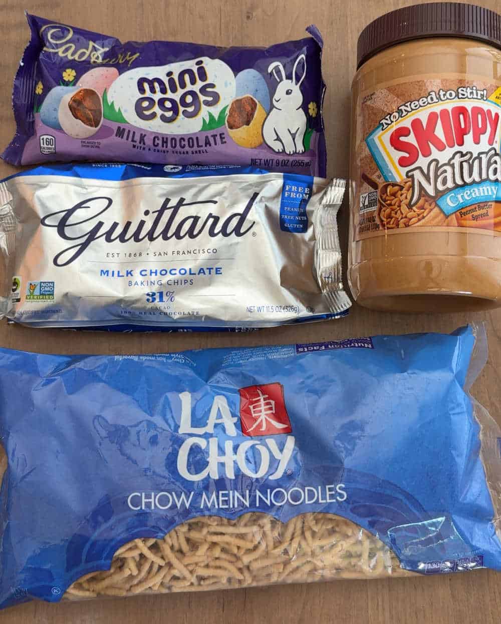 dried la choy noodles, mini eggs, chocolate and peanut butter.