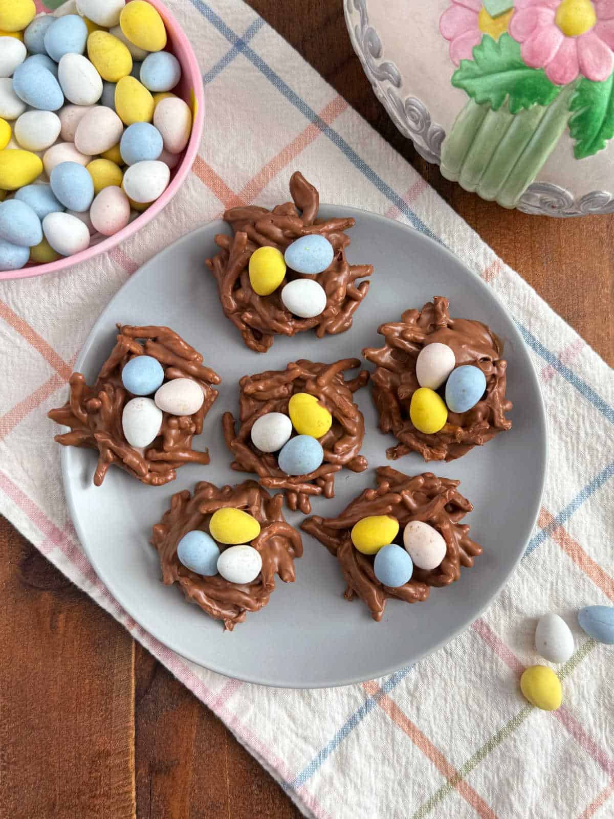 plate of chow mein noodle cookies with mini eggs.