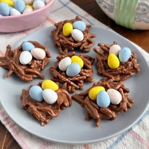 birds nest cookies with chocolate chow mein noodles and candy eggs.