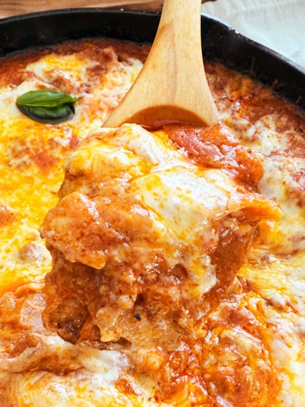 skillet lasagna on spoon.