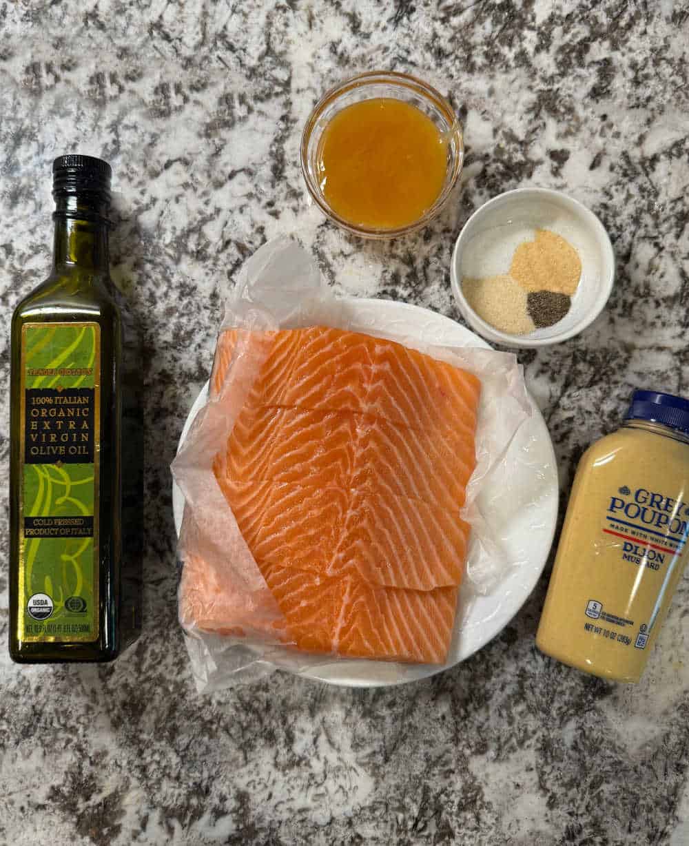 salmon, olive oil, honey, mustard, spices.