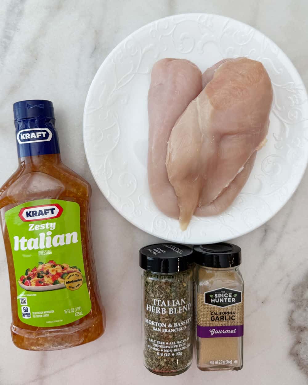 zesty Italian salad dressing, boneless chicken and seasonings.