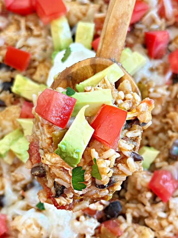 one pan Mexican chicken and rice on spoon.
