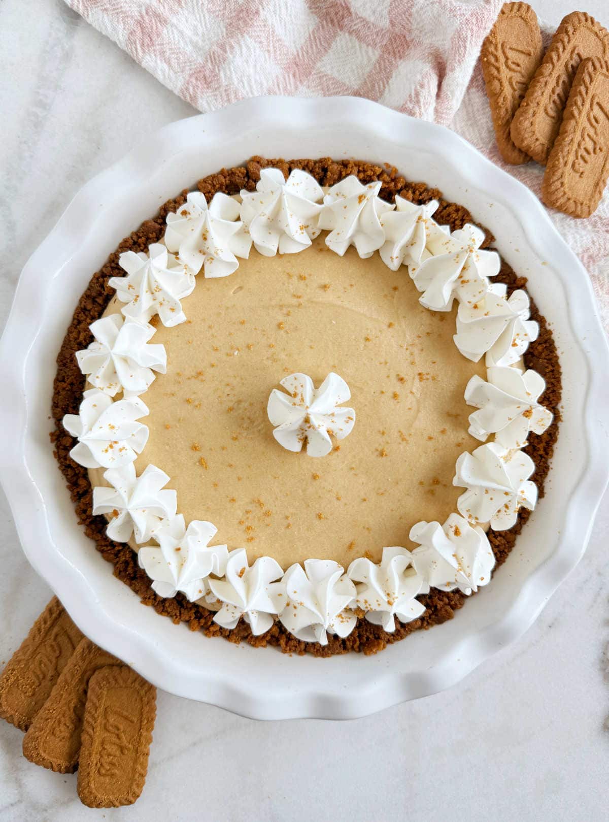 biscoff cookie butter pie with whipped cream stars in pie plate.
