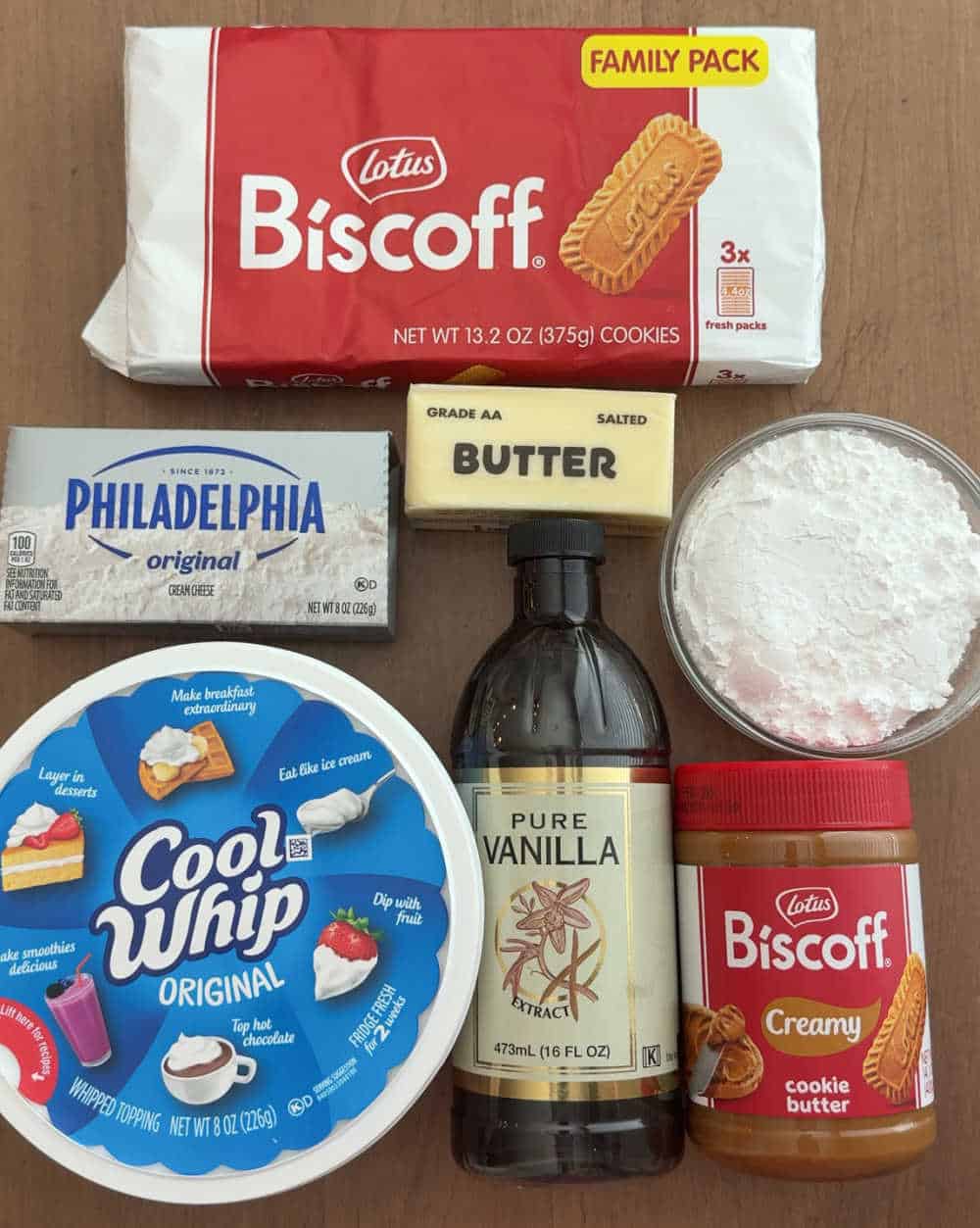 biscoff cookies, cookie butter, cool whip, cream cheese, butter, sugar, vanilla.