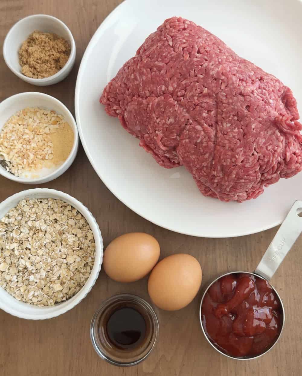 ground beef, ketchup, eggs, oats, Worcestershire, brown sugar, seasonings.