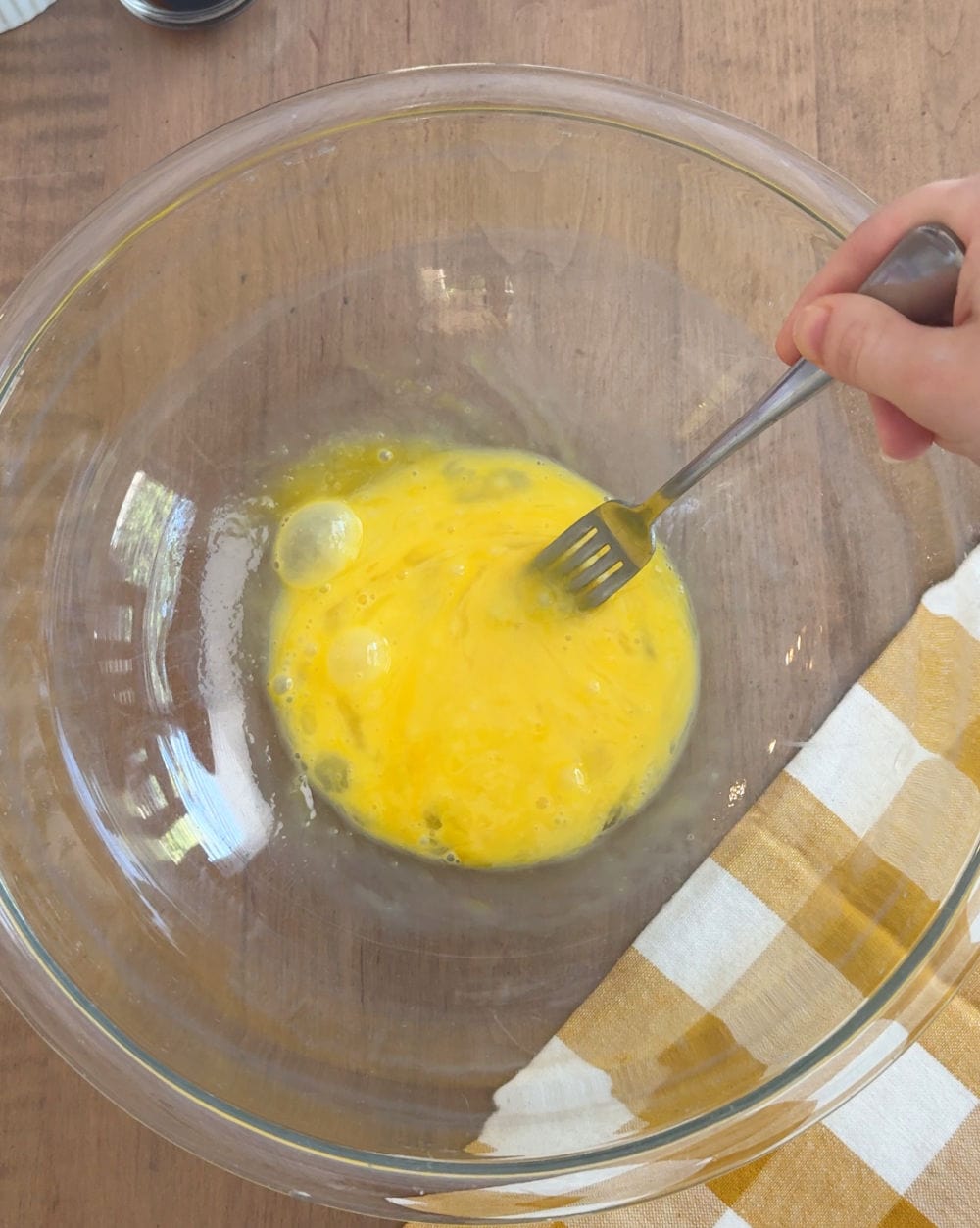 whisked eggs in bowl.