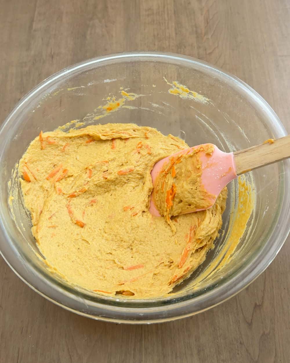 mix cake batter in bowl.