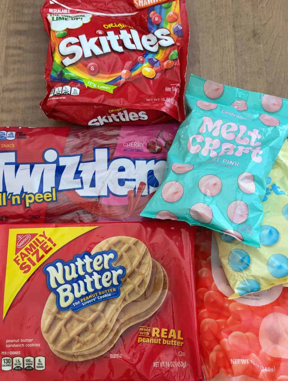 skittles, twizzlers, candy melts, nutter butter package.