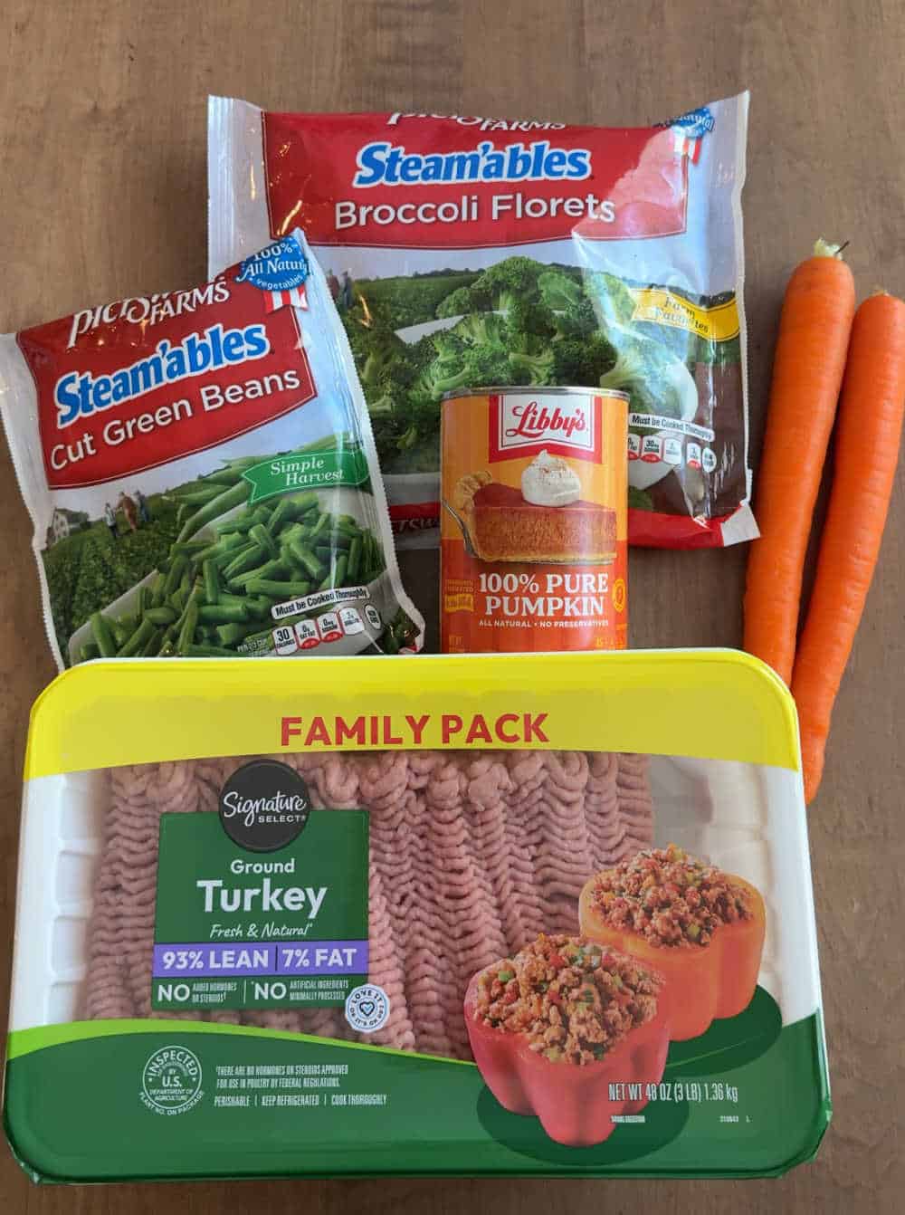 turkey, vegetables, pumpkin puree.