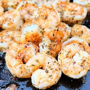 cooked shrimp on blackstone griddle.