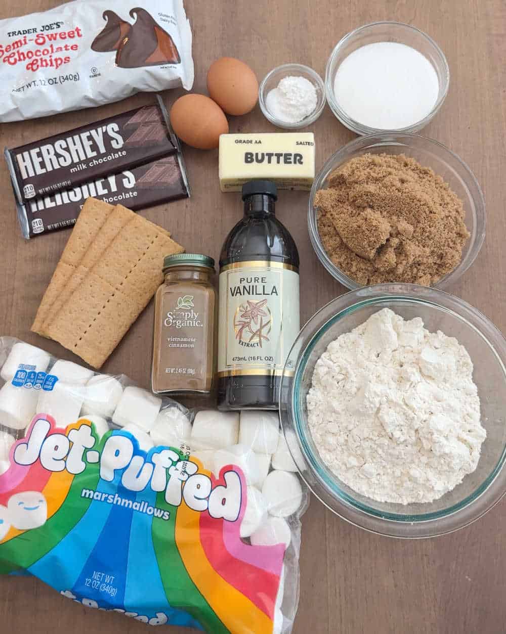 marshmallows, graham crackers, chocolate and bar cookie ingredients.
