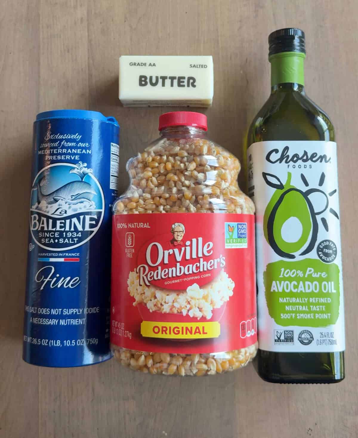 popping corn, salt, butter, avocado oil.