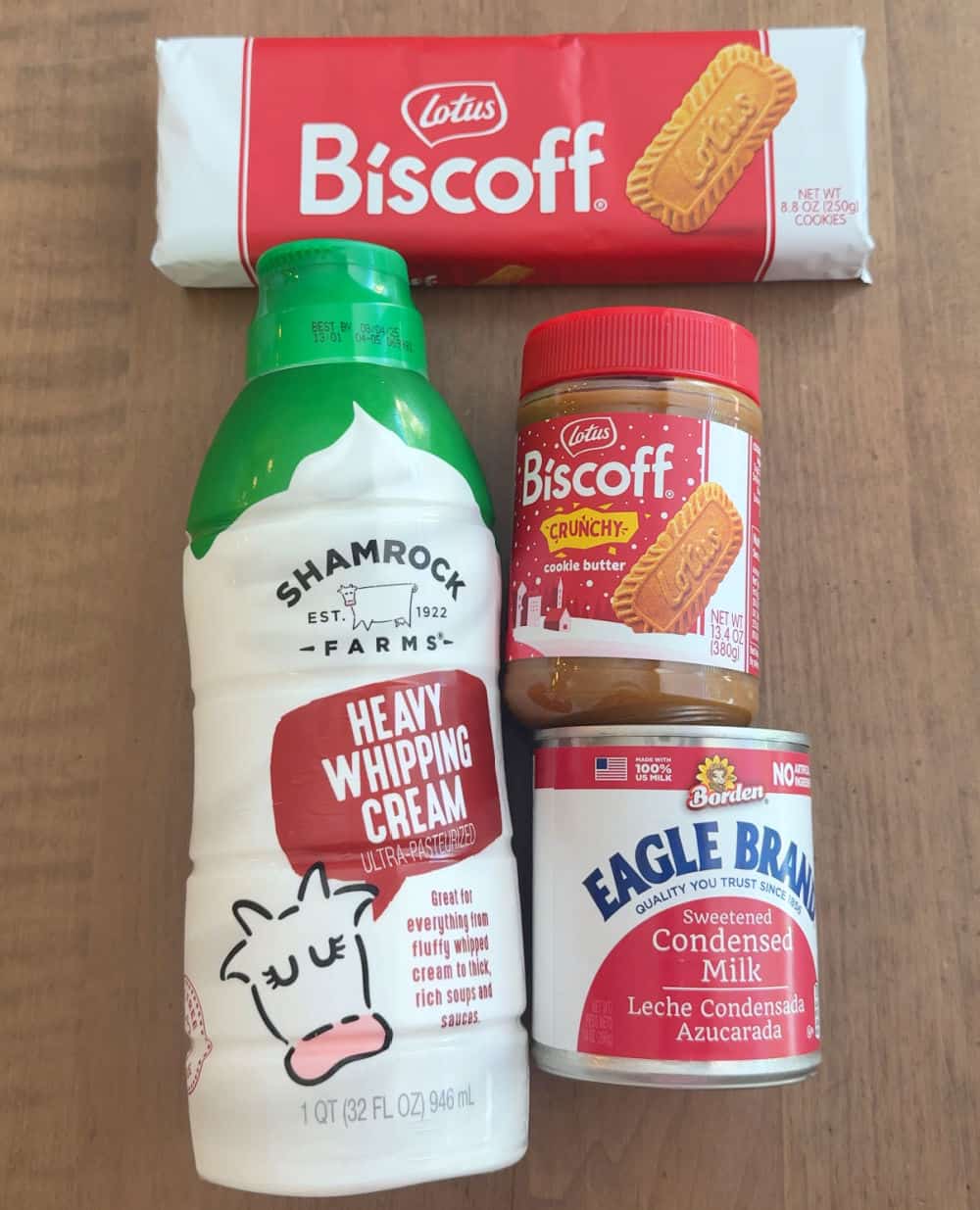 biscoff cookies, cookie butter, cream, sweetened condensed milk.