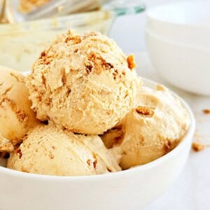 scoops of homemade cookie butter ice cream in bowl.