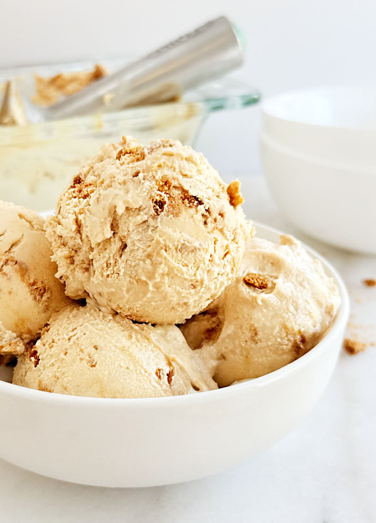 homemade biscoff cookie butter ice cream in bowl.