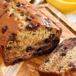 loaf of homemade banana bread with chocolate chips.